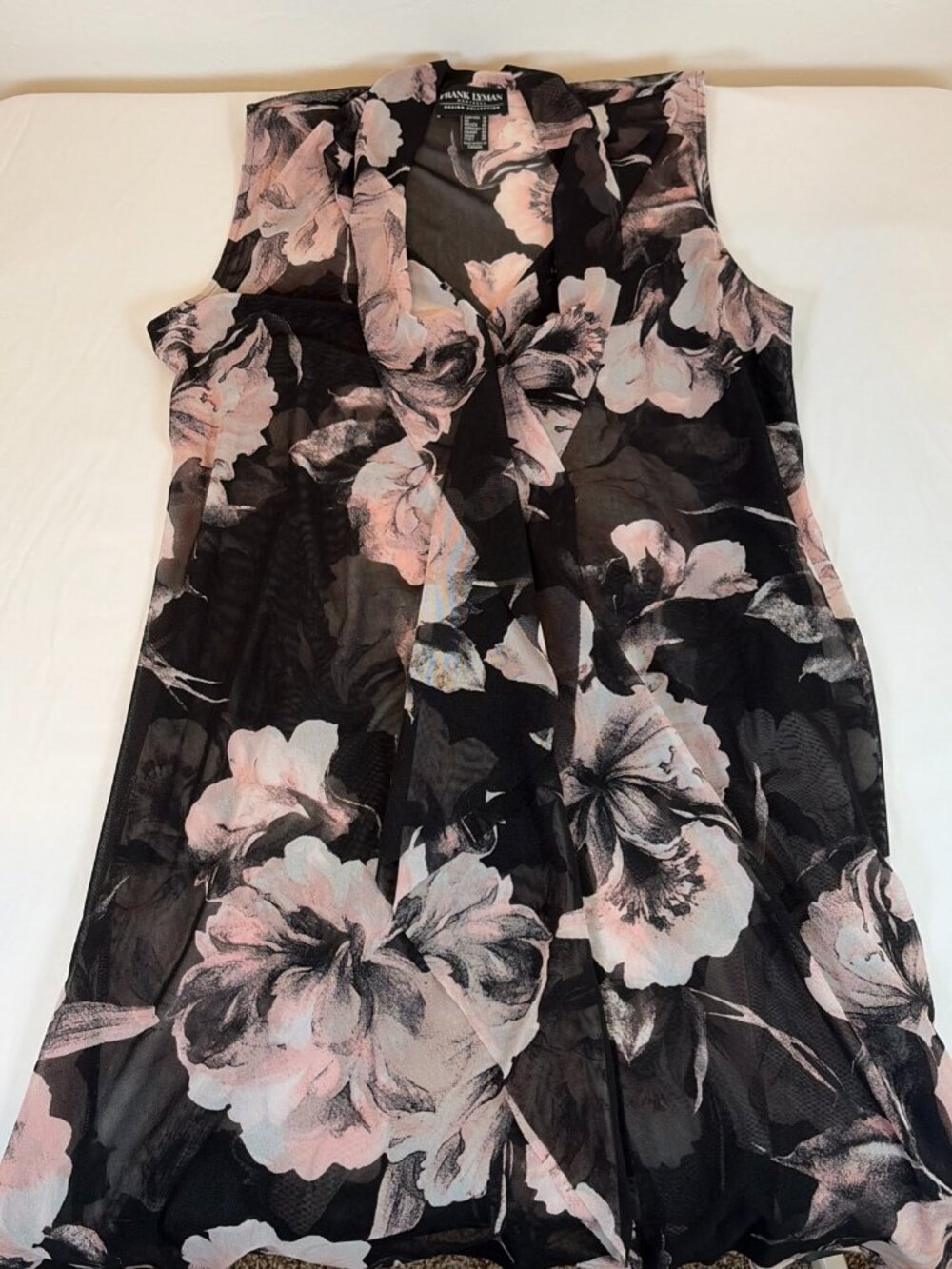 Frank Lyman Sheer Sleeveless with Flowers Dress Women's 14 Black